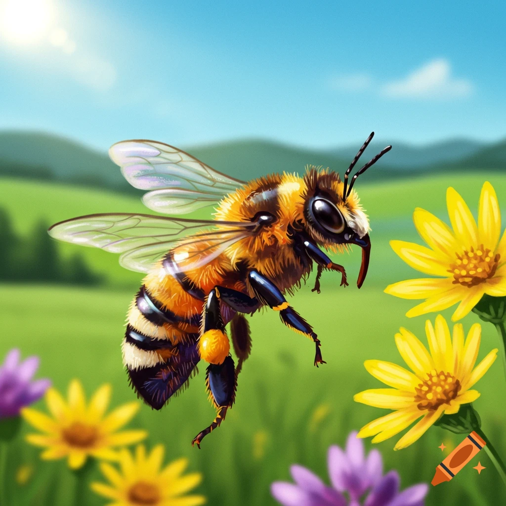 An illustration of a bee flying towards yellow and purple flowers in a sunny field.