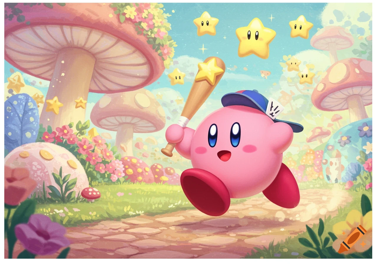 Kirby runs through a fantastical mushroom forest holding a baseball bat, surrounded by stars and flowers.