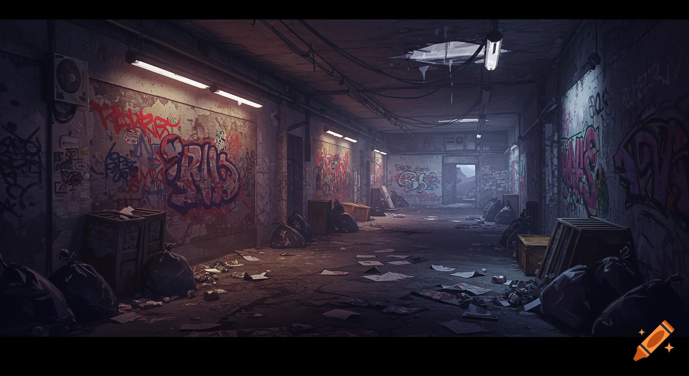 A dark, moody alleyway covered in graffiti and scattered trash.
