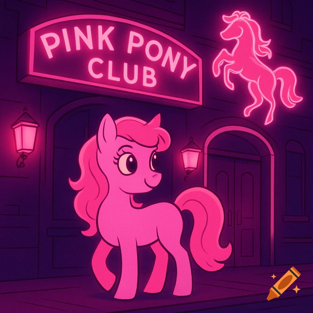 A pink cartoon pony stands in front of a building with a bright pink neon sign that reads 'PINK PONY CLUB'.