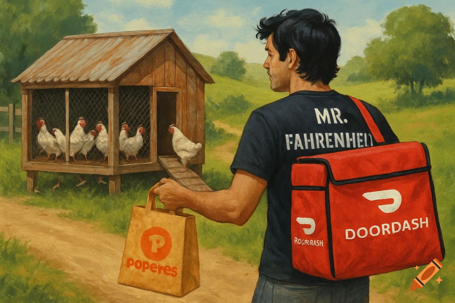 A delivery driver holds a Popeyes bag outside a chicken coop filled with chickens. Painted style.