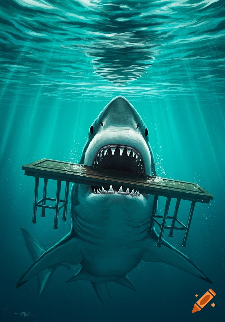 Illustration of a great white shark underwater holding a park bench in its mouth.