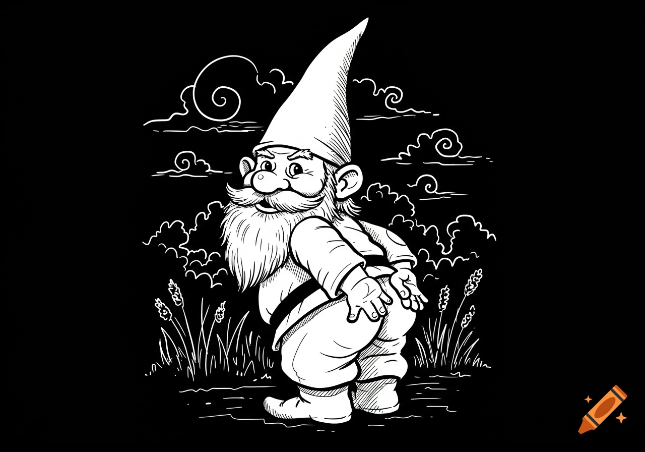 Black and white line drawing of a gnome turning around and holding its hands to its backside in a field.