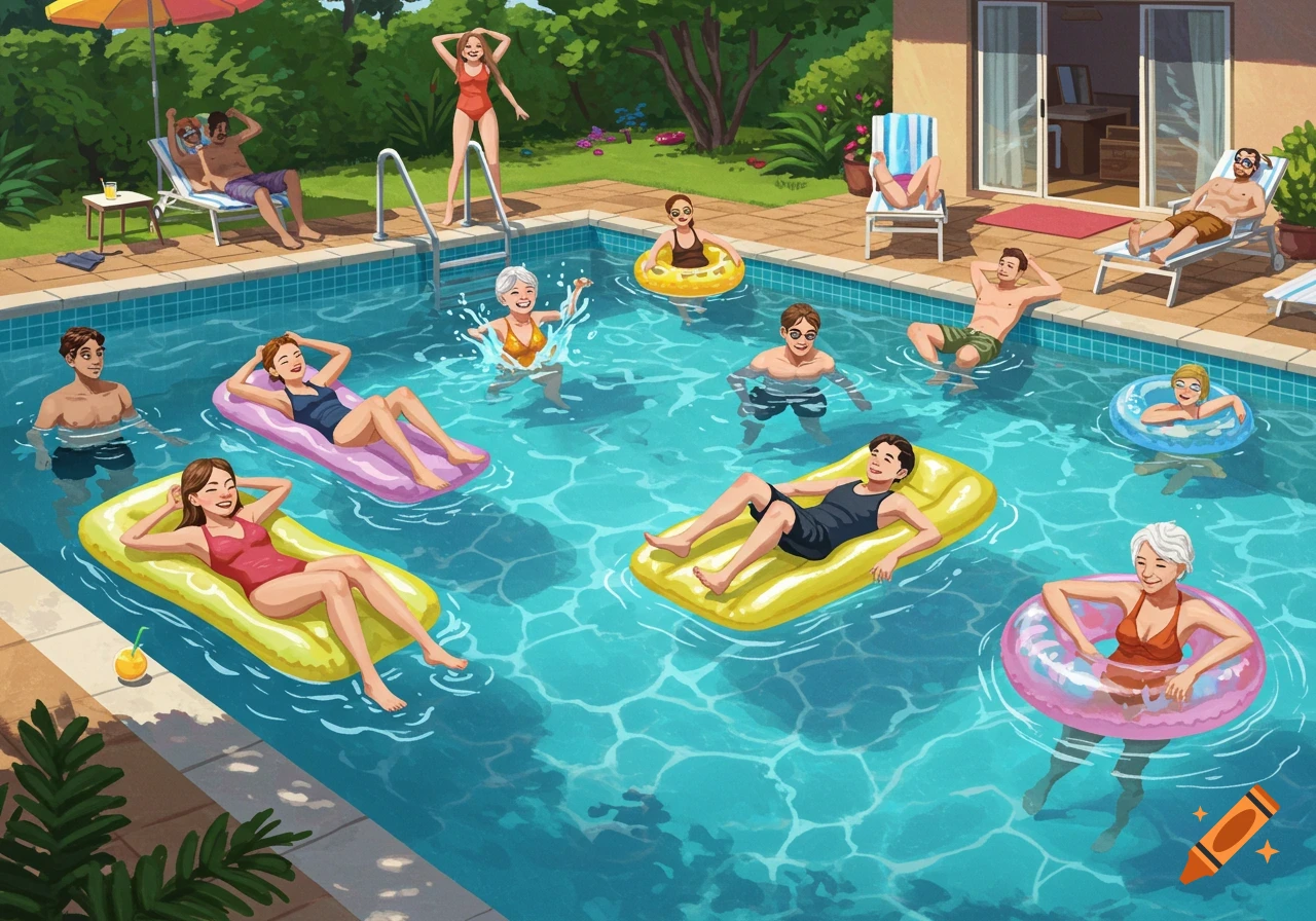 Illustration of people swimming and relaxing in a pool on a sunny day.
