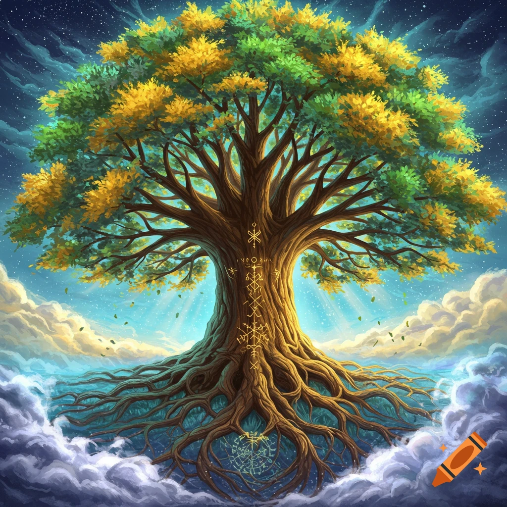 A large mythical tree with glowing symbols on its trunk reaches from cloudy water to a starry sky.