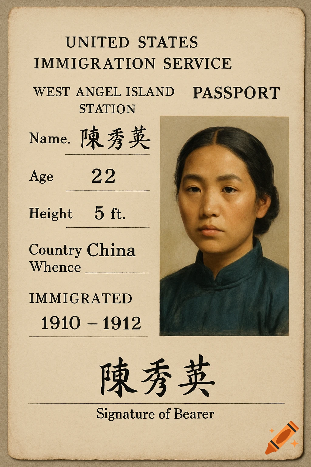 Portrait of a woman on an old United States Immigration Service passport document