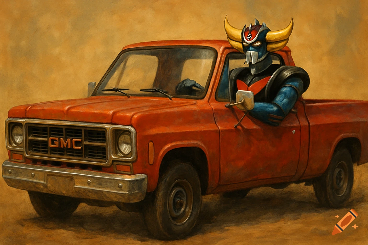 Robot character Goldorak driving a red GMC pickup truck, painted style