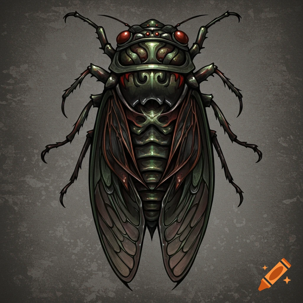 Stylized dark green and red cicada against a grey background.