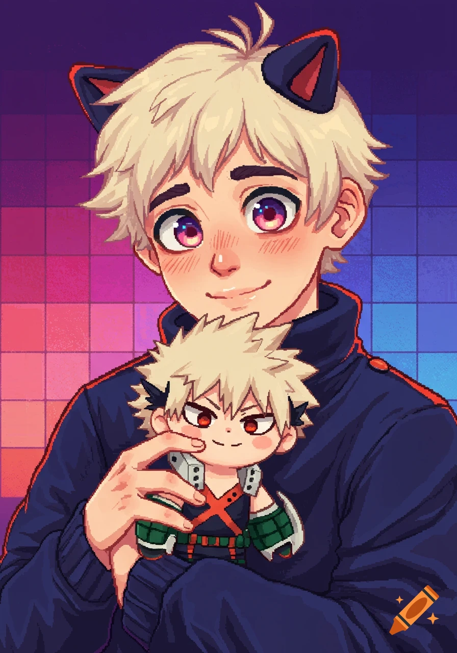Anime character with cat ears holding a Bakugo plushie, pixel art style