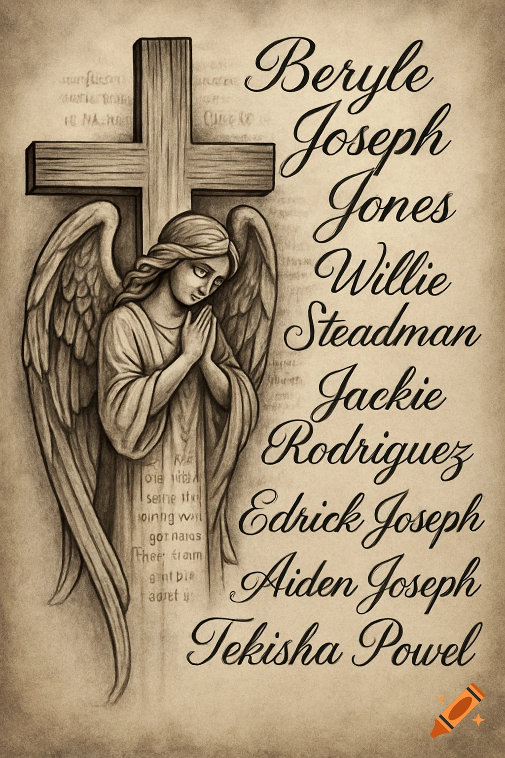 Pencil sketch of an angel kneeling before a cross with a list of names in cursive next to it.