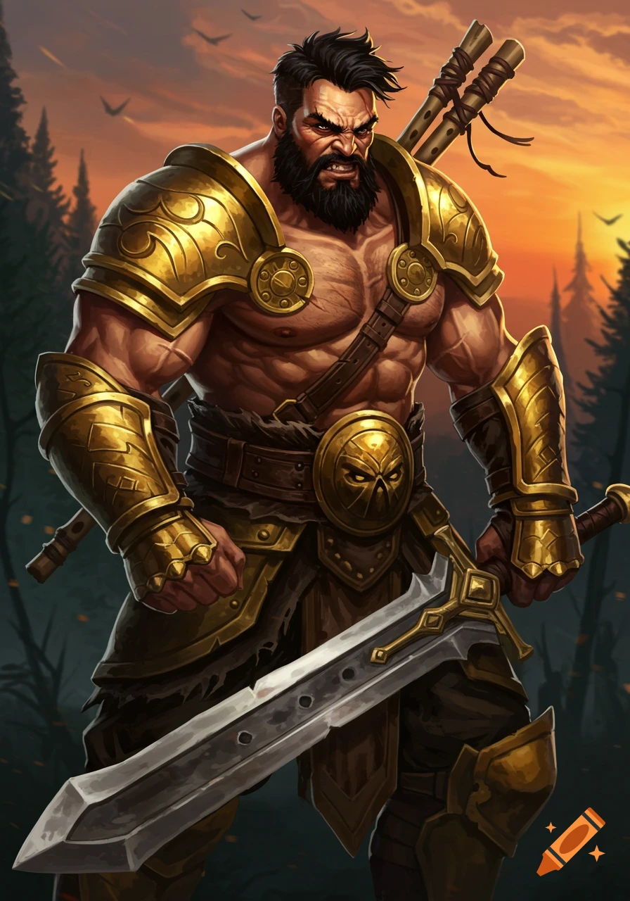 A muscular barbarian warrior with a beard and gold armor stands holding a large sword in a forest.