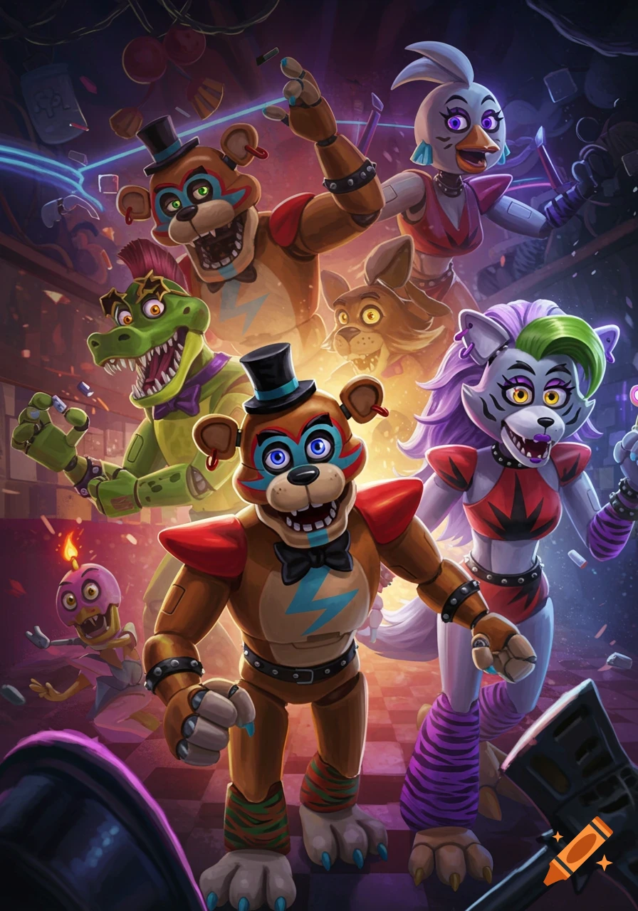 Illustration of Five Nights at Freddy's: Security Breach characters including Glamrock Freddy, Chica, Gator, and Roxanne Wolf in a dynamic pose.