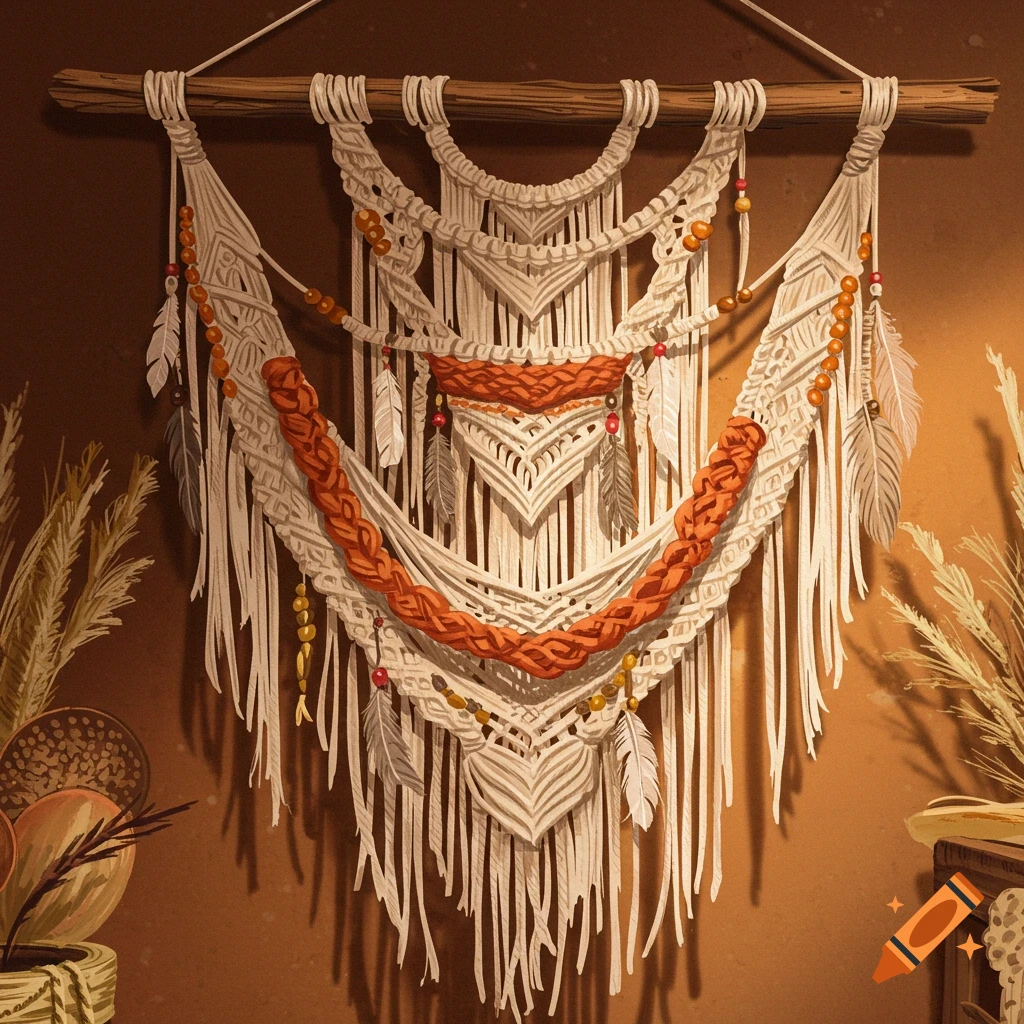 A decorative macrame wall hanging with white knots, orange braids, and beads, hung on a wall with plants.