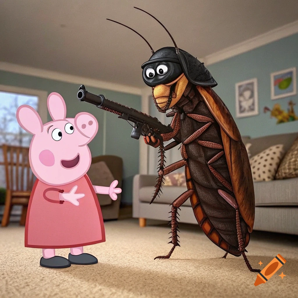 Cartoon Peppa Pig faces a giant photorealistic cockroach in a ski mask holding a shotgun in a living room.