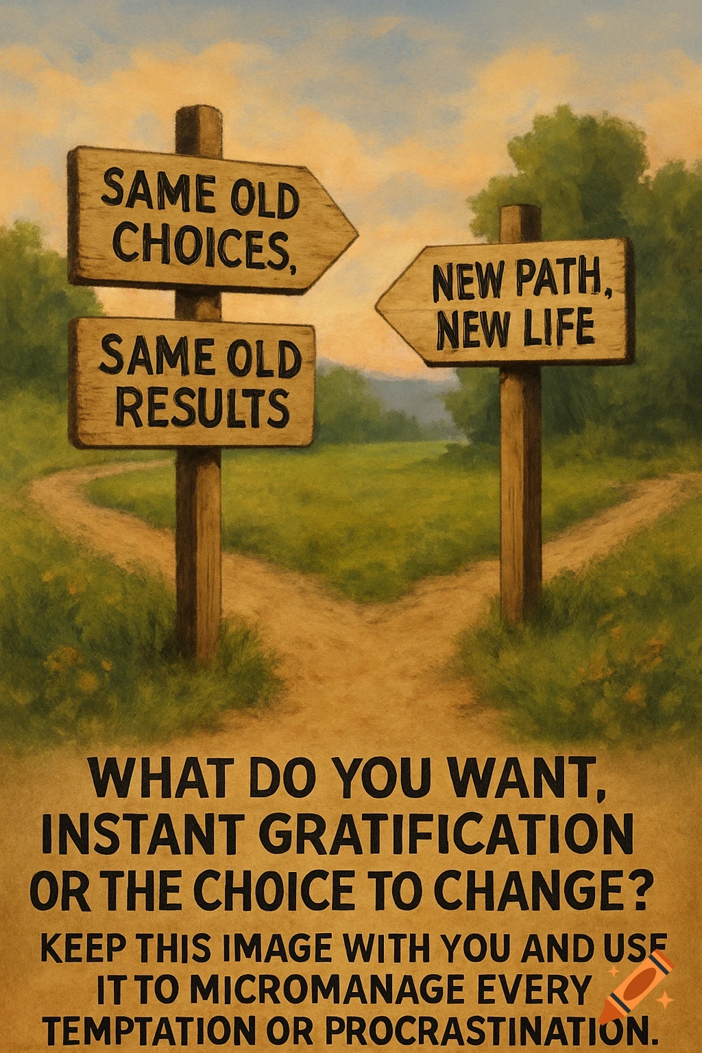 Illustration of signs at a crossroads, one reads 'Same old choices, same old results', the other 'New path, new life', with motivational text below.