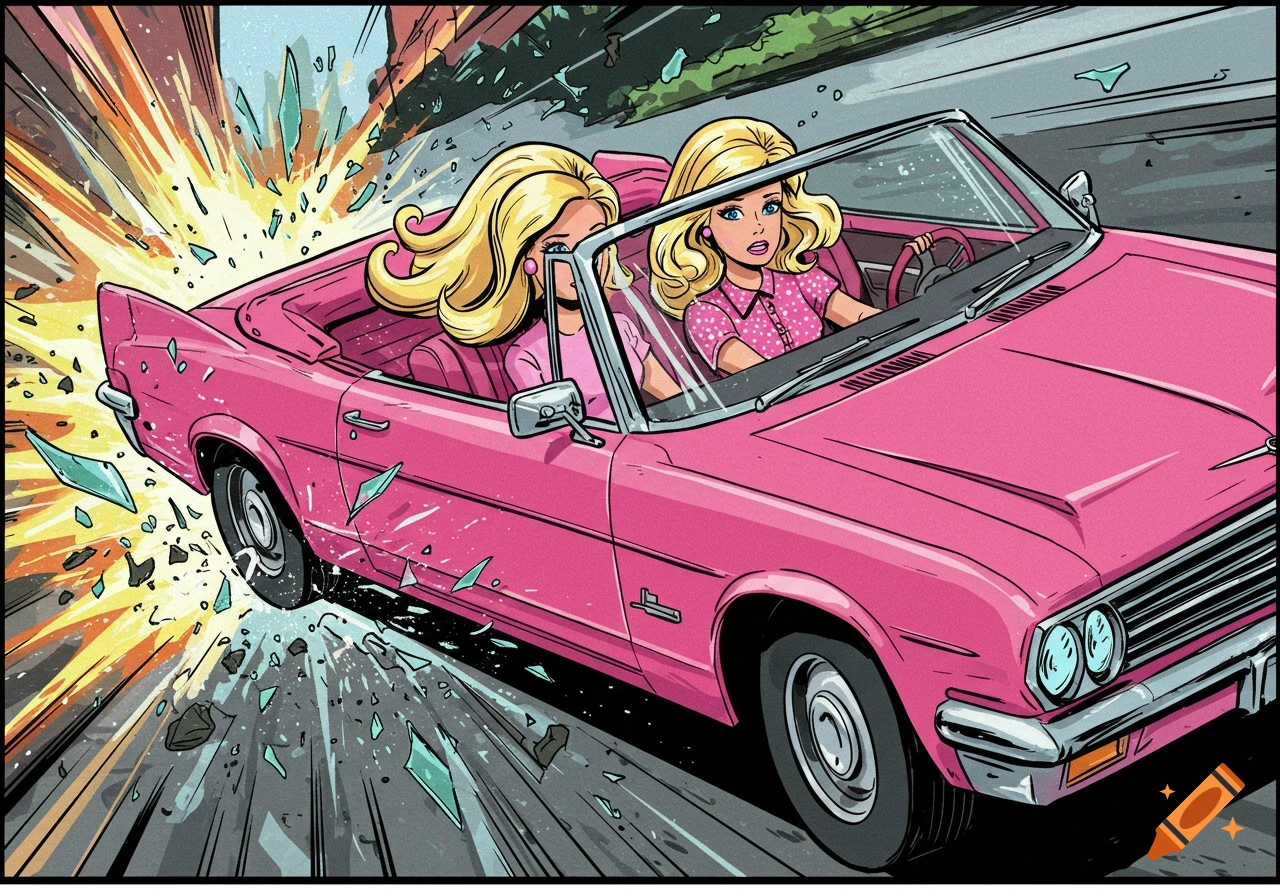 Two figures resembling Barbie in a pink convertible crash, comic book style.
