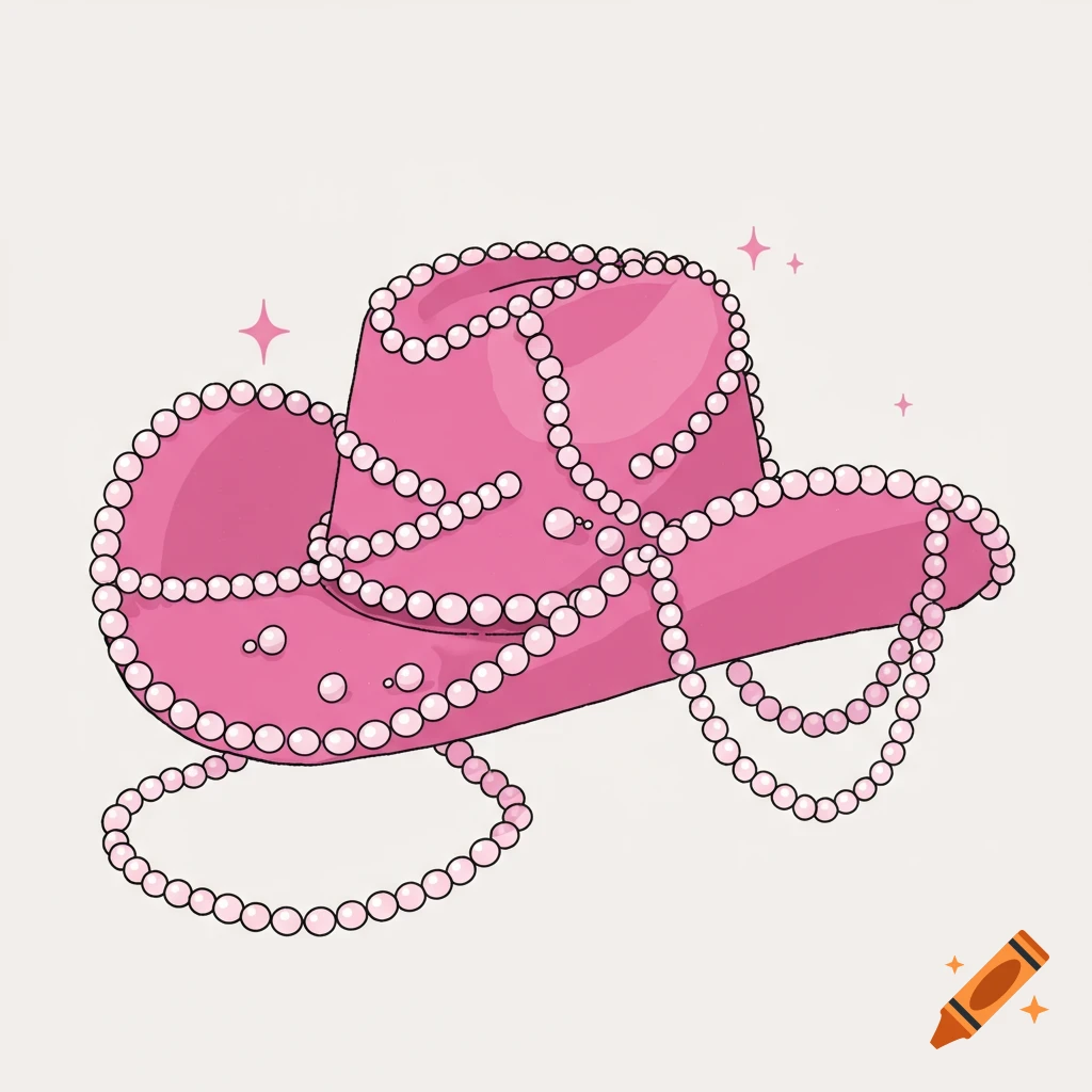 Hand drawn pink cowboy hat draped with pearls