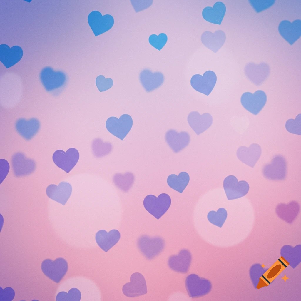 Blue and purple hearts scattered on a pink and purple gradient background with bokeh lights.