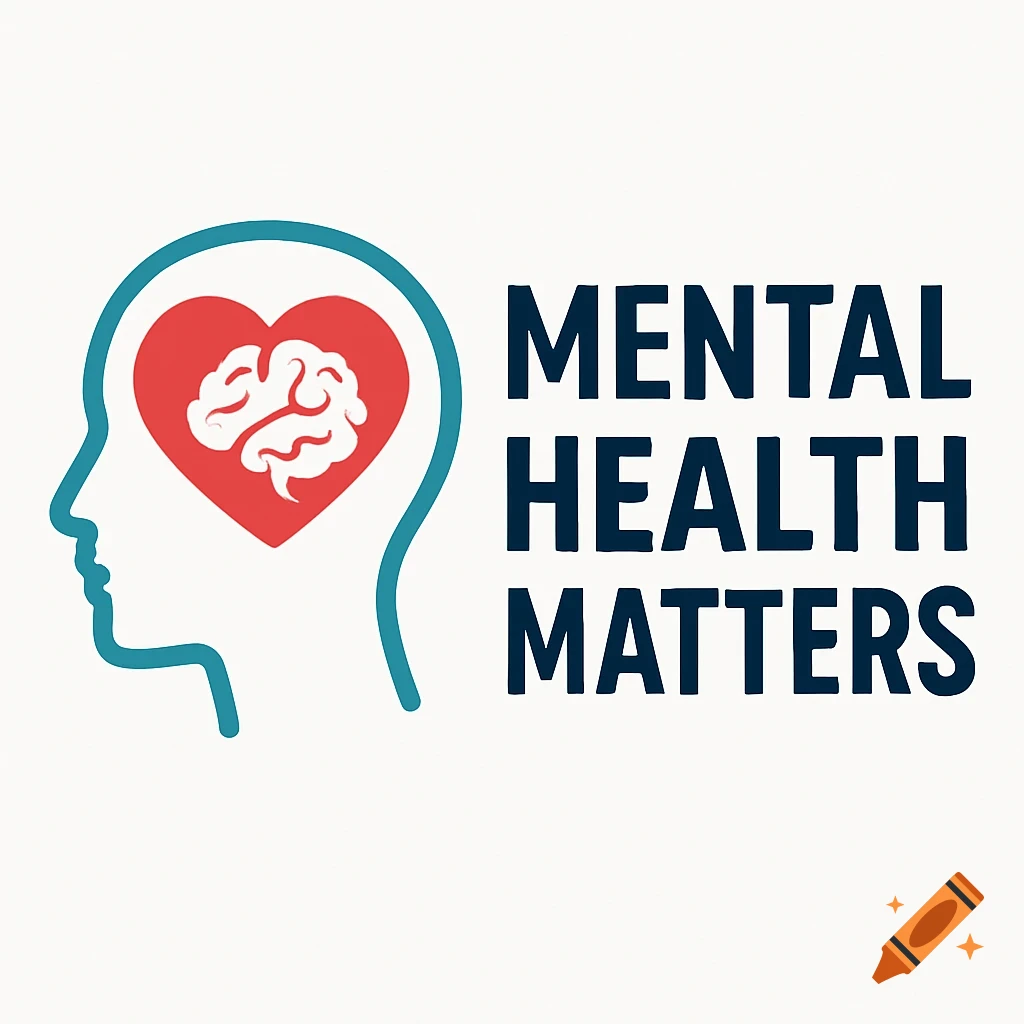 Logo with head silhouette, heart containing brain, and text 'MENTAL HEALTH MATTERS'.