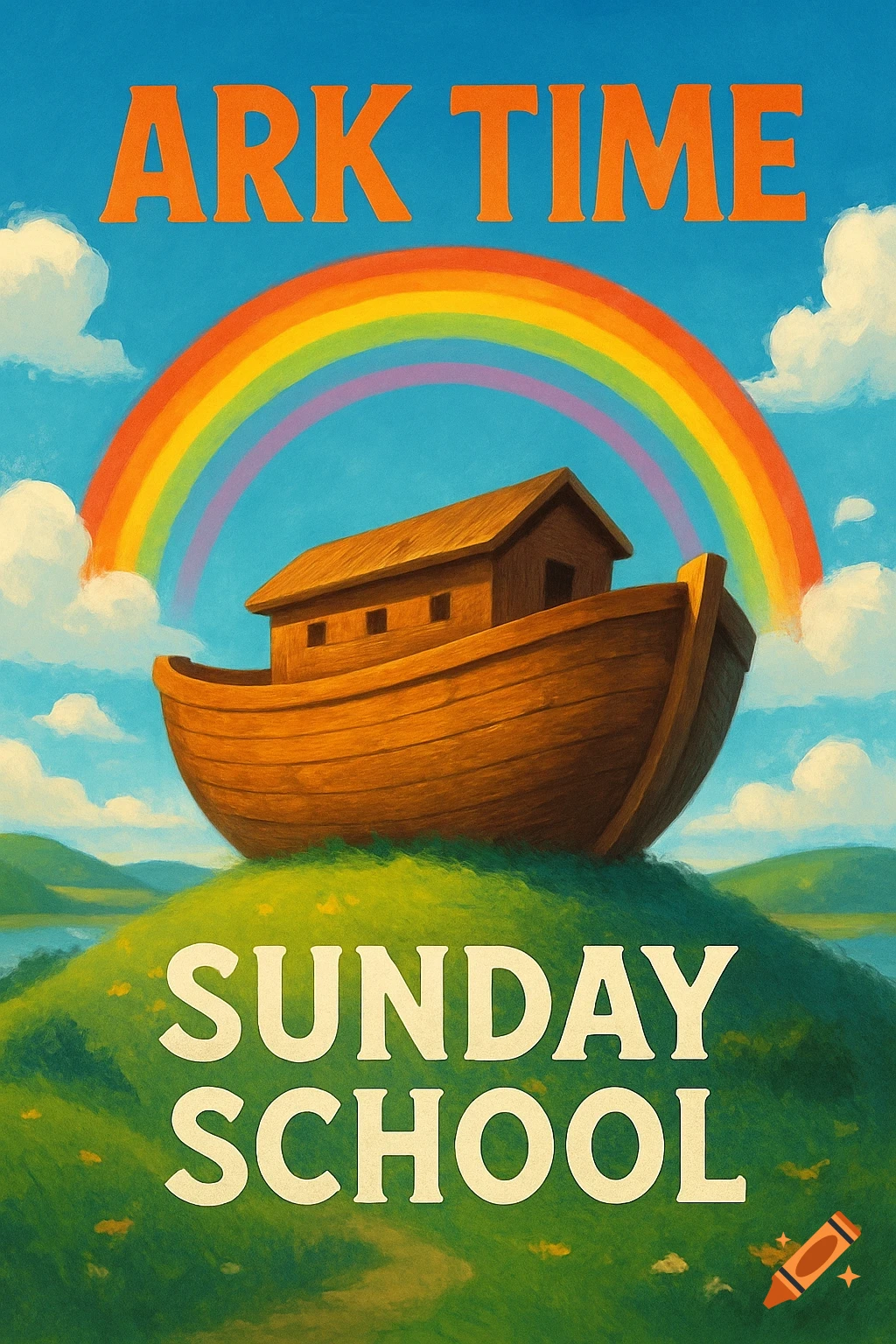 Noah's Ark on a green hill under a rainbow with text "Ark Time Sunday School". Illustrated style.