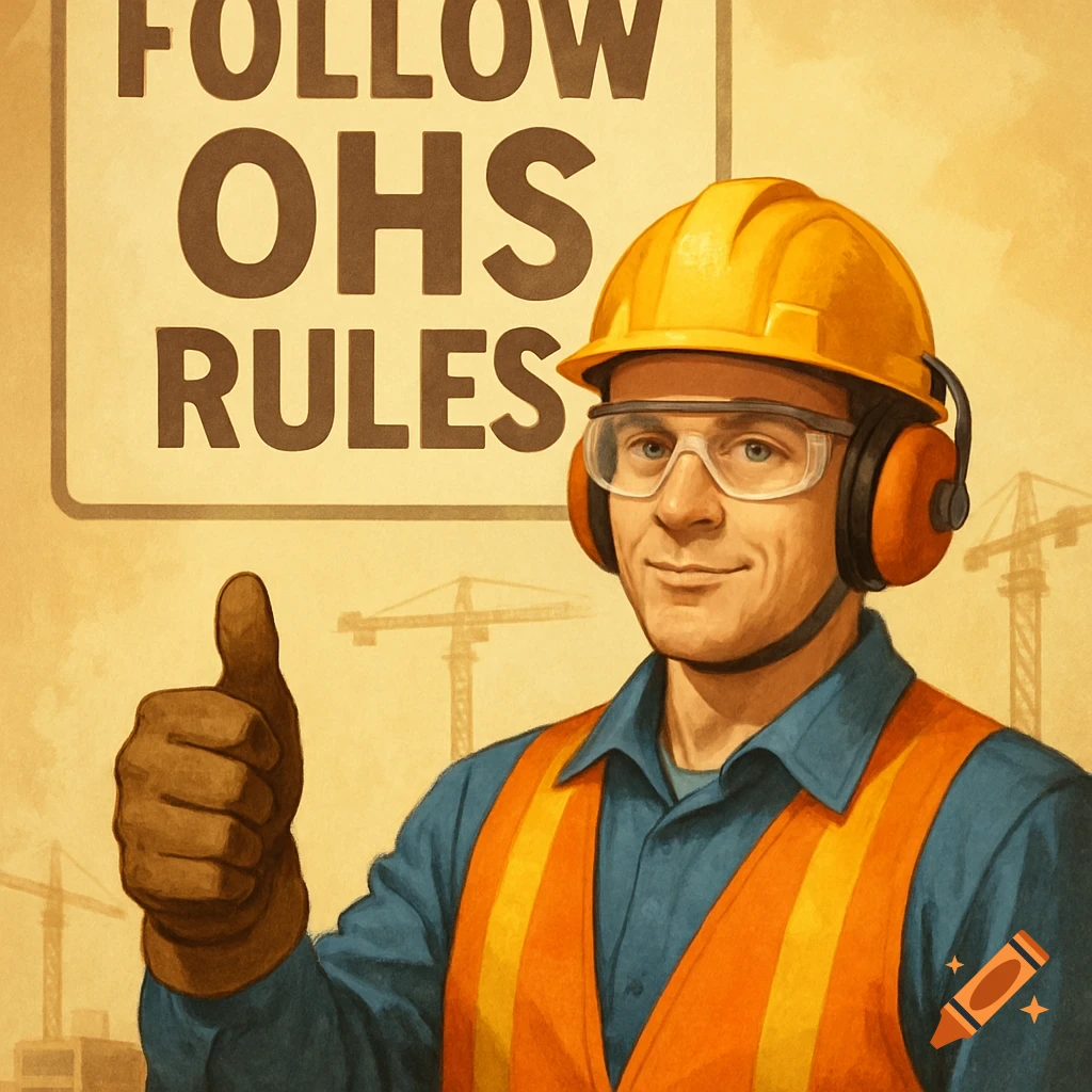 Construction worker in safety gear gives thumbs up under a sign saying 'FOLLOW OHS RULES'. Poster style.