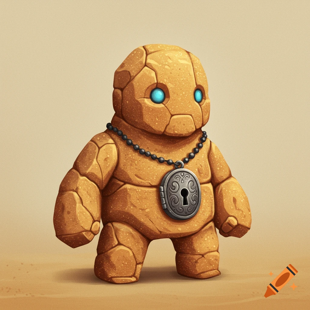 A small, cute sandstone golem with blue eyes wearing a beaded necklace with a keyhole locket.