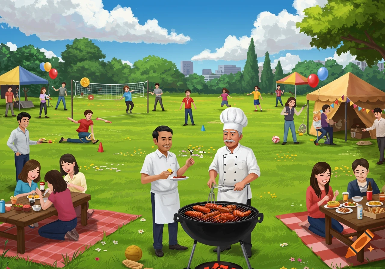 Digital illustration of people enjoying a field day picnic and barbecue in a park with volleyball and tents.