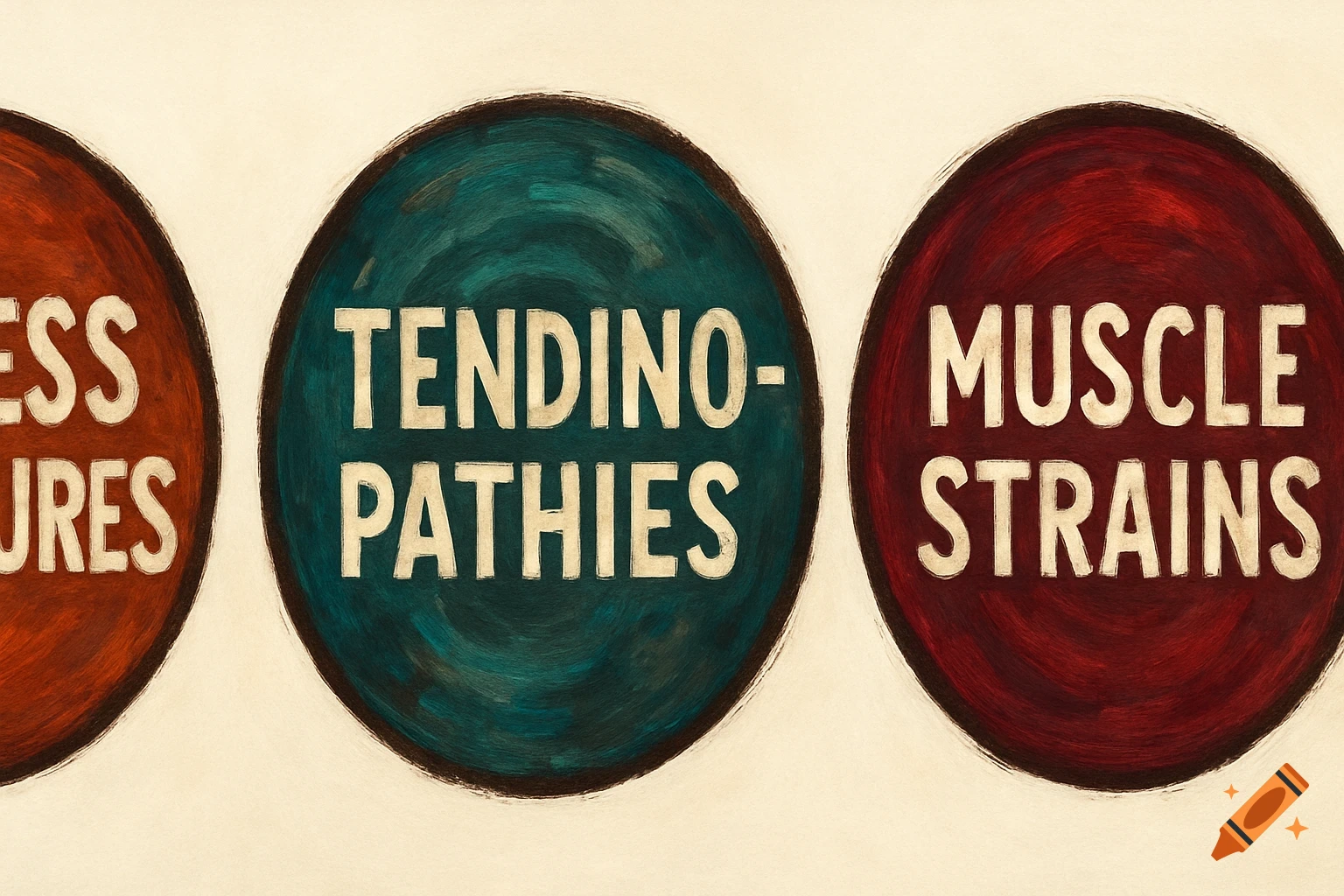 Three textured circles with text: Stress Fractures, Tendinopathies, Muscle Strains.