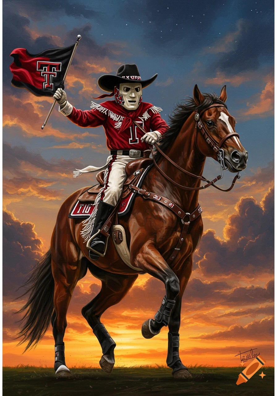 A masked figure in a cowboy hat and red shirt rides a horse carrying a flag at sunset.
