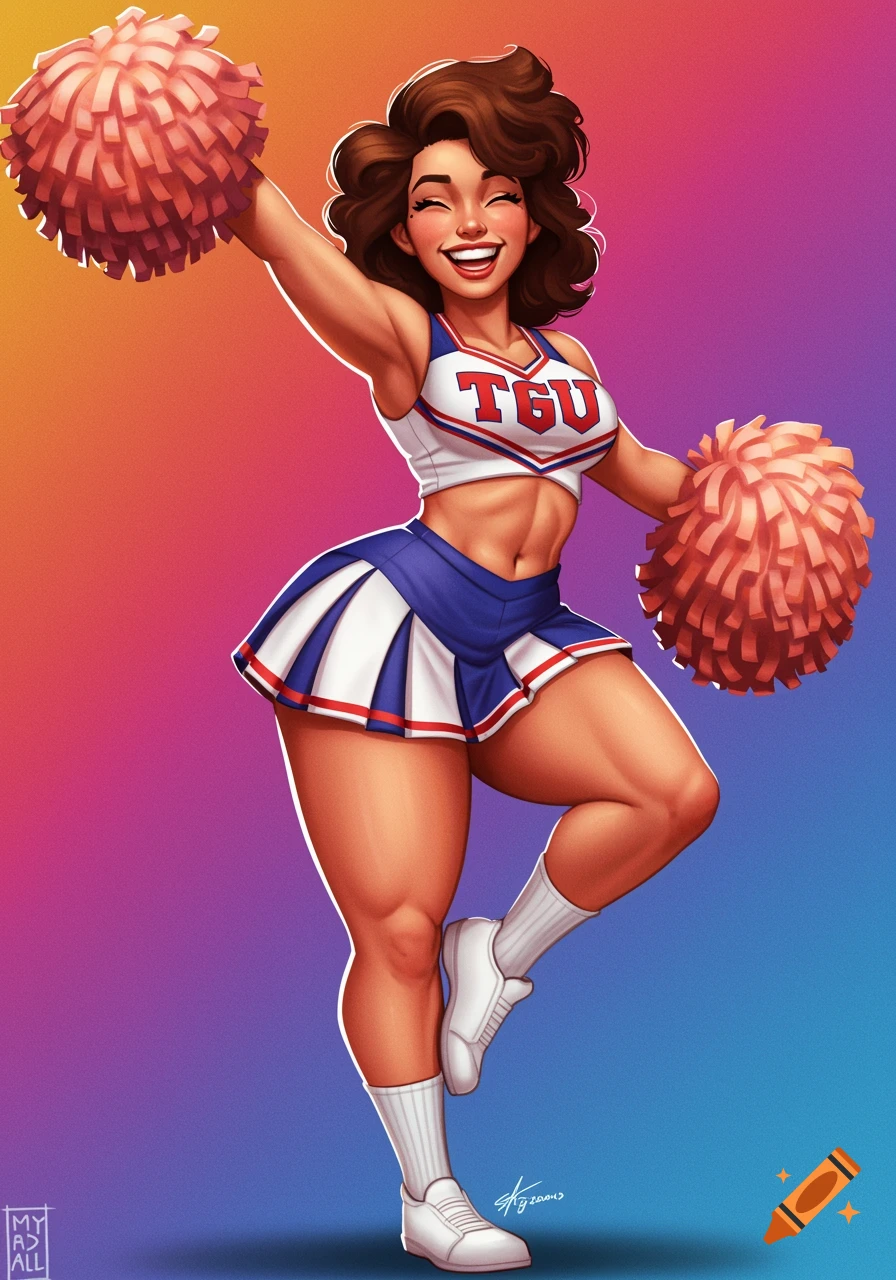 A smiling cheerleader in a white, blue, and red uniform holds pom-poms in an illustration.