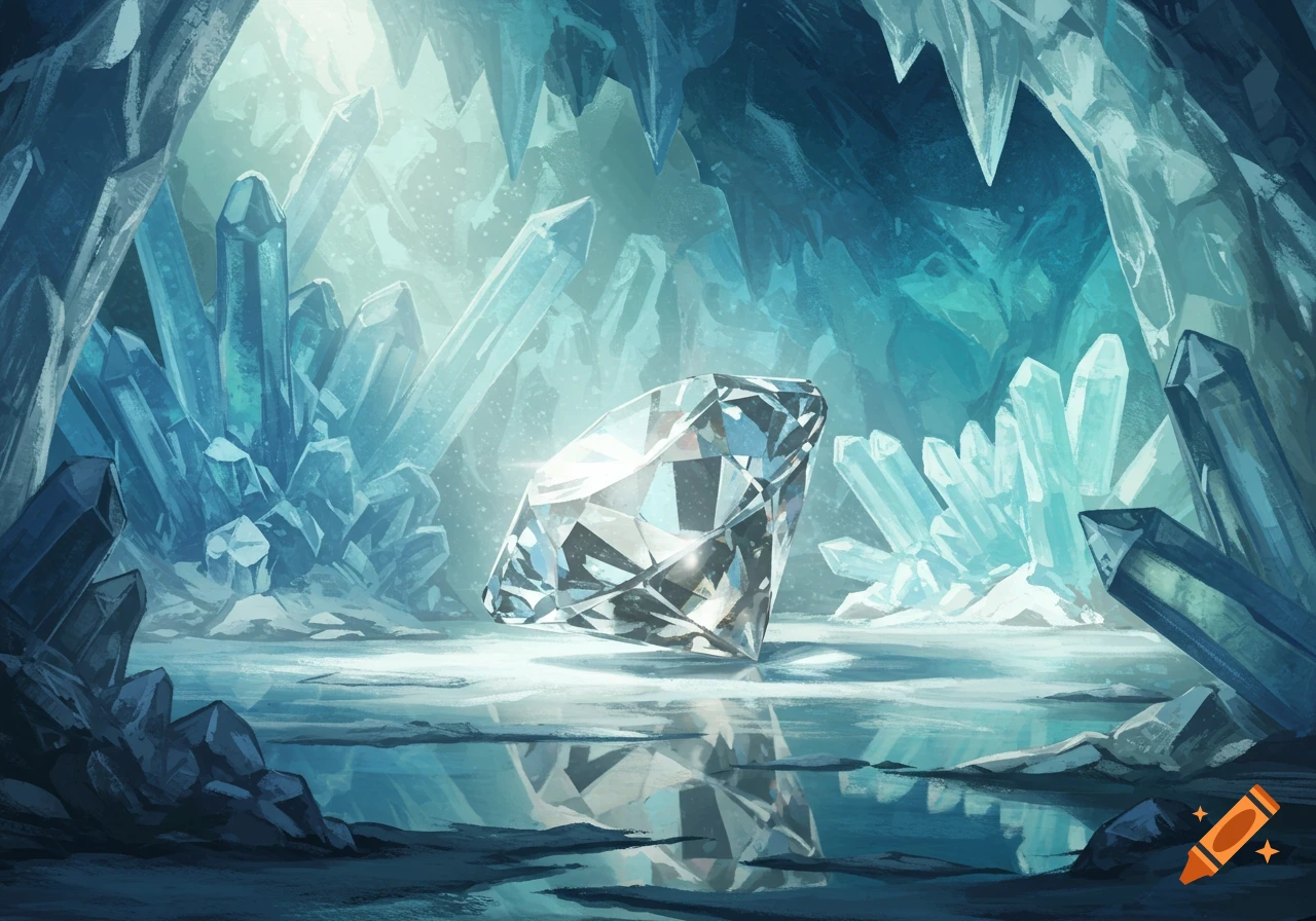 An illustration of a large diamond in an icy cavern filled with blue crystals.