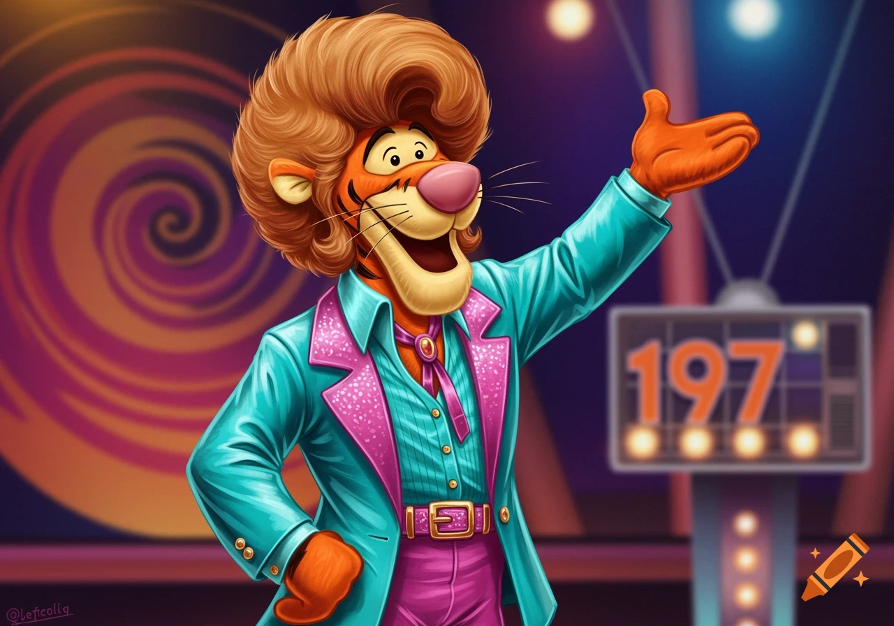 Tigger from Winnie the Pooh dressed as a 1970s game show host with an afro
