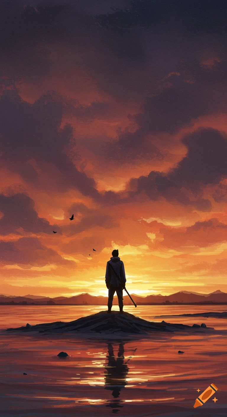 A person stands silhouetted on a small hill overlooking a body of water at sunset.