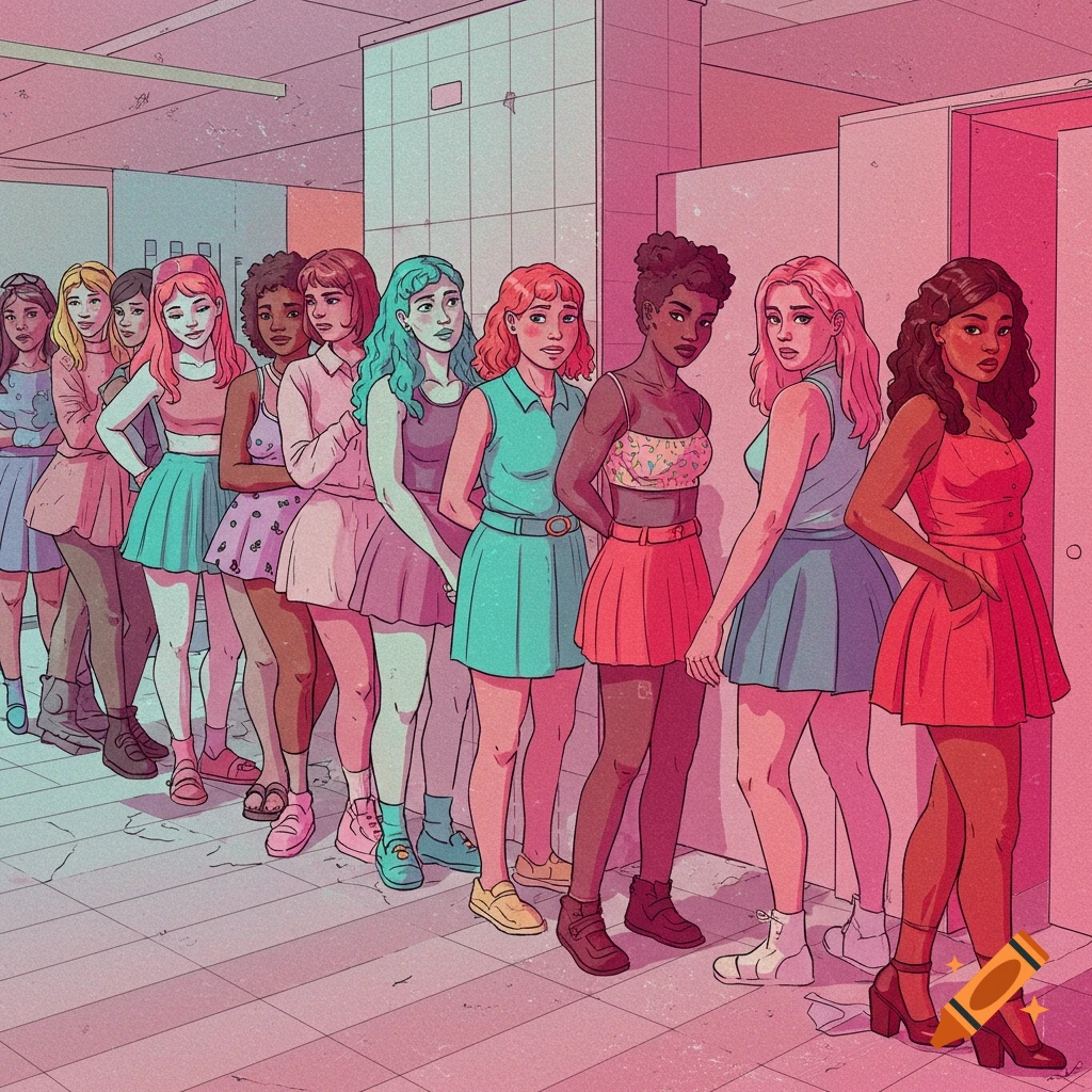 Illustration of a line of diverse women waiting in a pink and teal public restroom.