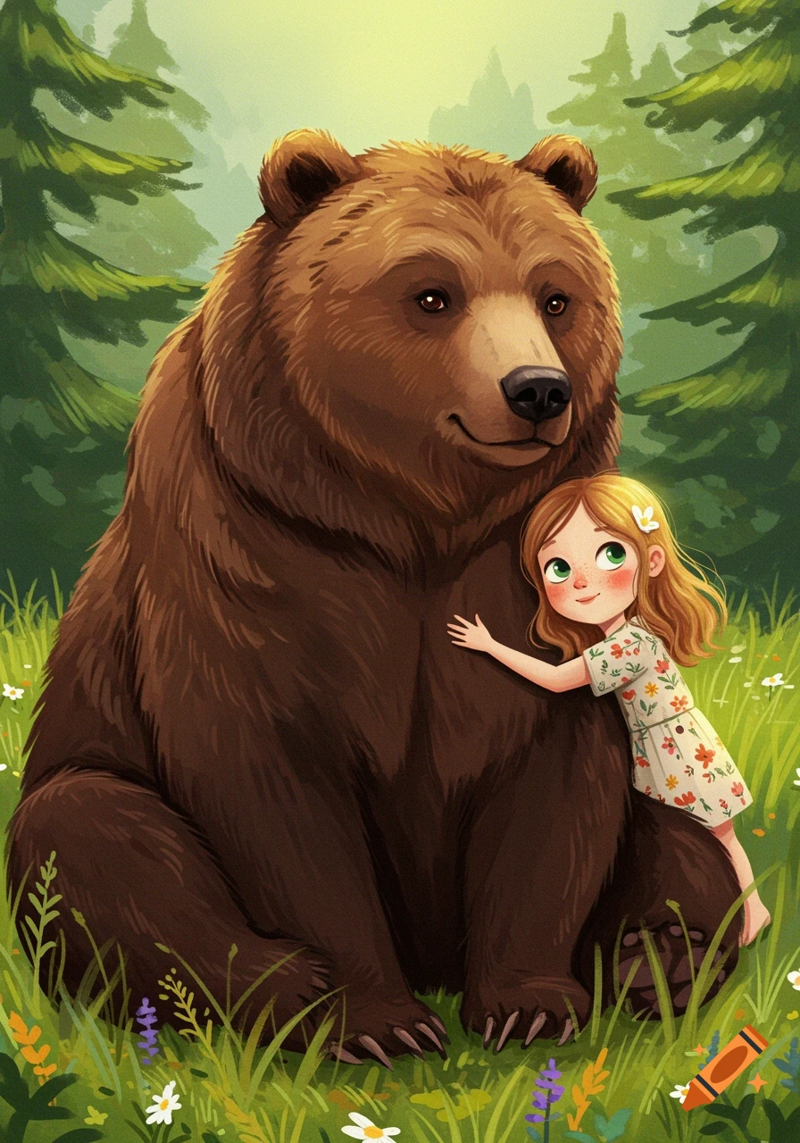 A little girl hugs a brown bear in a forest clearing in an illustration ...