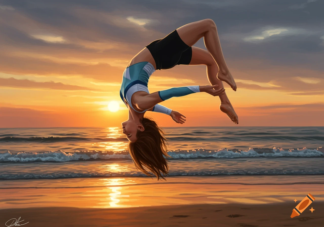 A gymnast does a backflip on a beach at sunset in a digital painting.