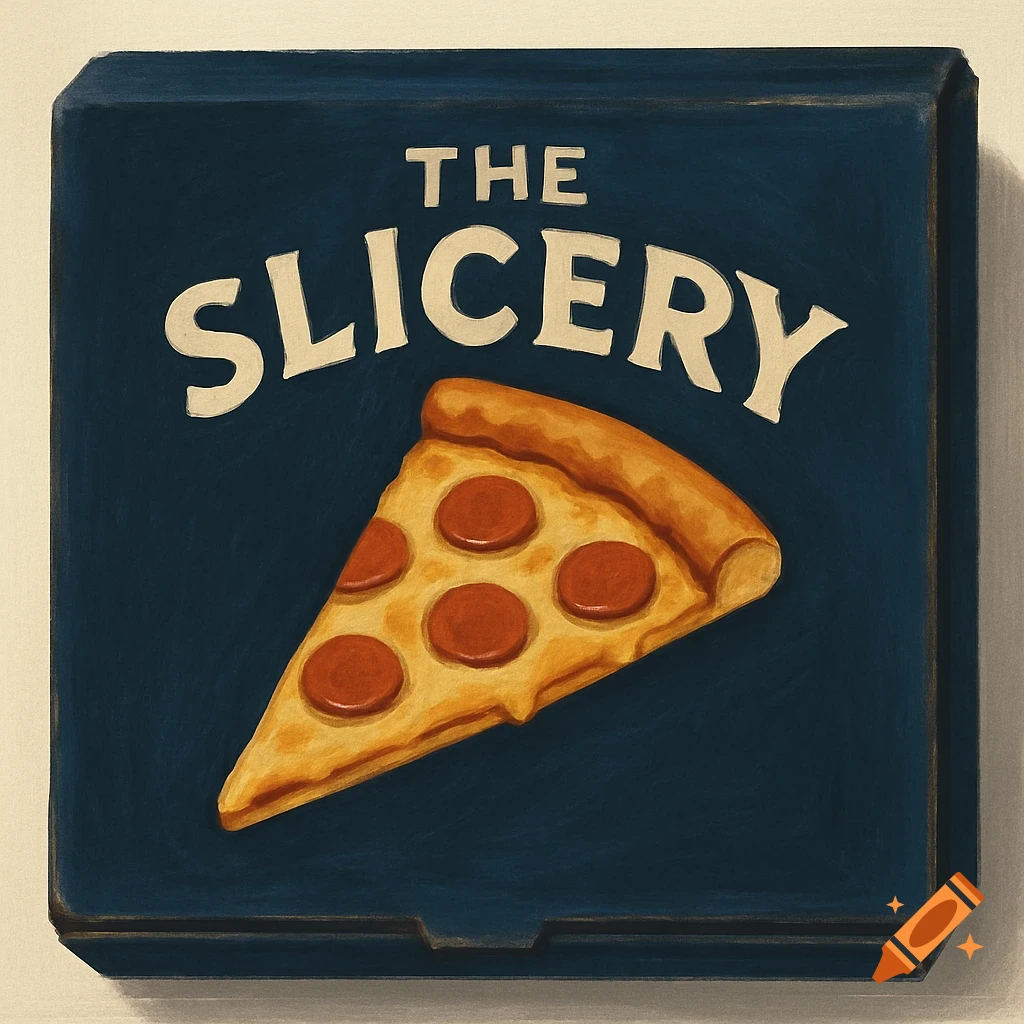 A navy pizza box with the words THE SLICERY and a slice of pepperoni pizza.
