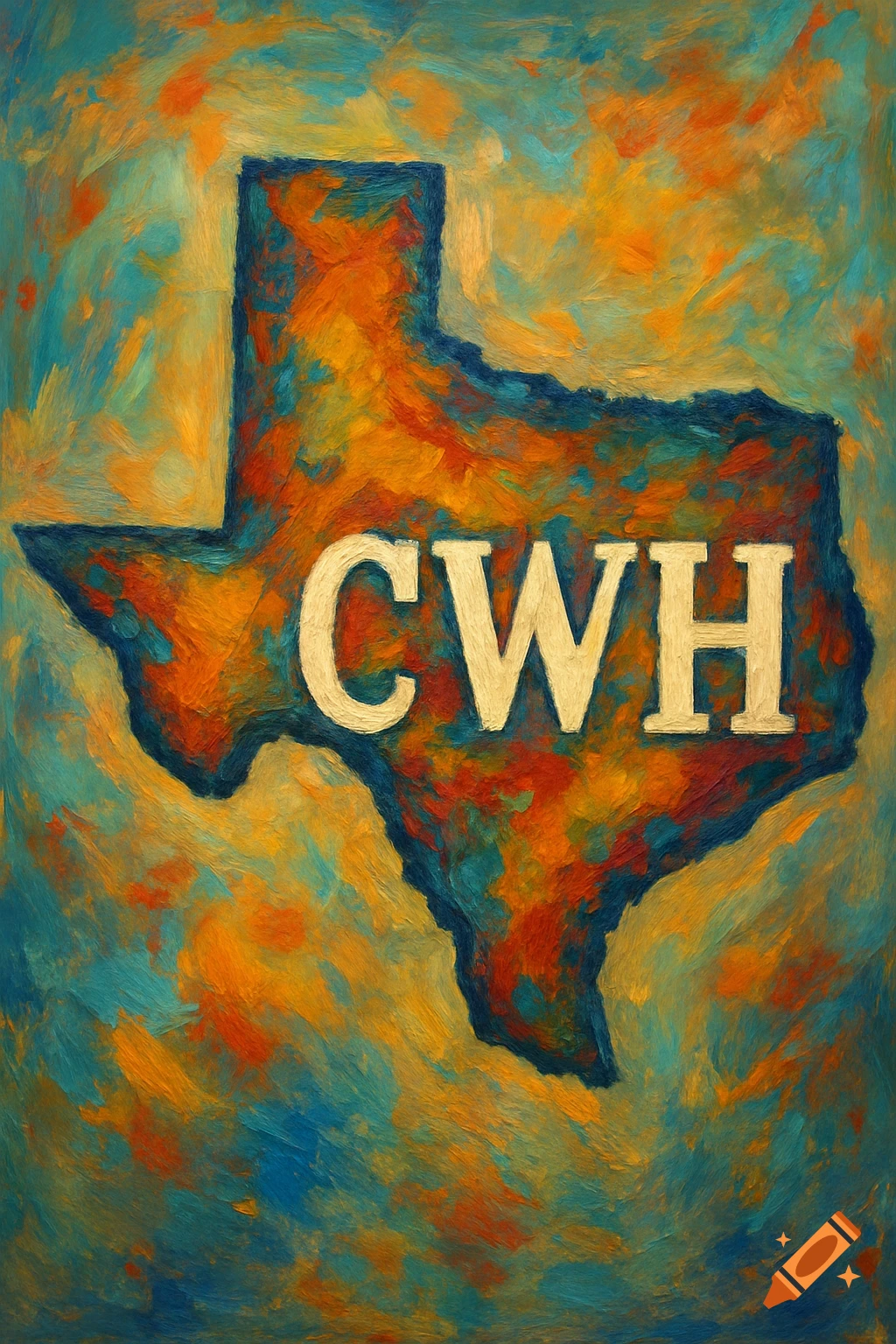 Painterly map of Texas with CWH initials.