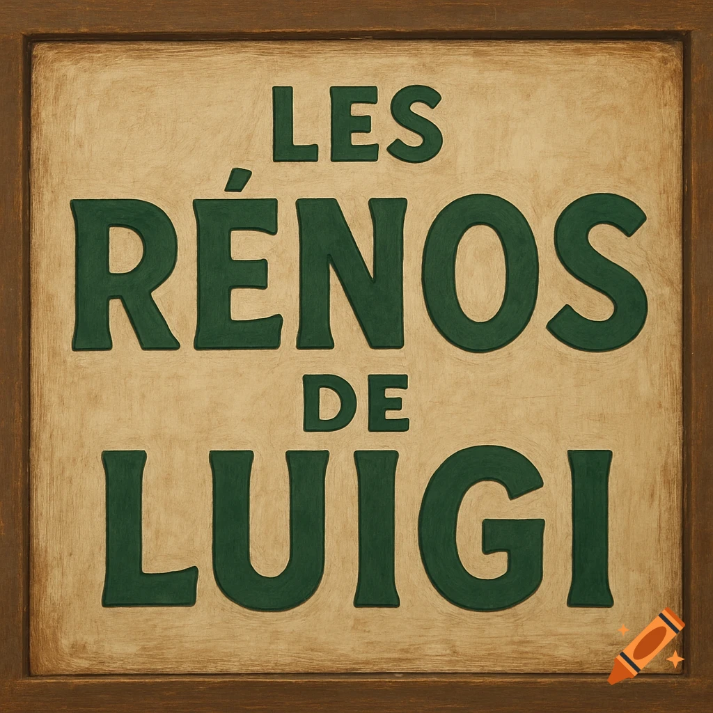 A wooden sign with the text 'LES RÉNOS DE LUIGI' in green raised letters.