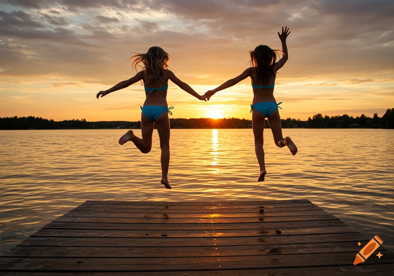 Two girls jumping off a dock into a lake at sunset