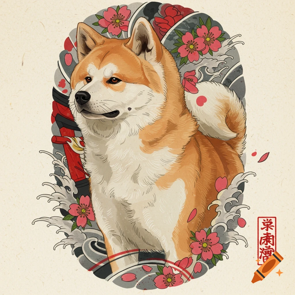 An illustration of an Akita dog in a Japanese tattoo style with waves and cherry blossoms.