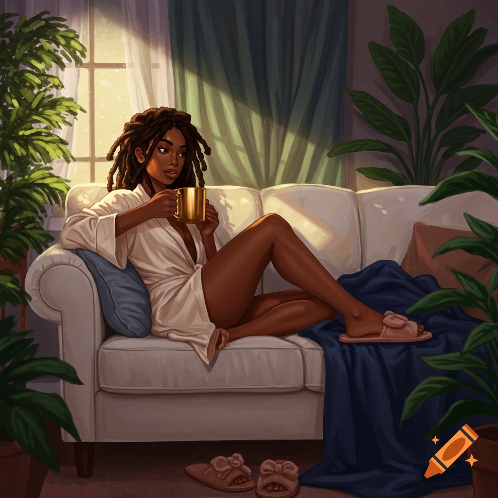 Black woman relaxes on a couch with coffee, surrounded by plants.