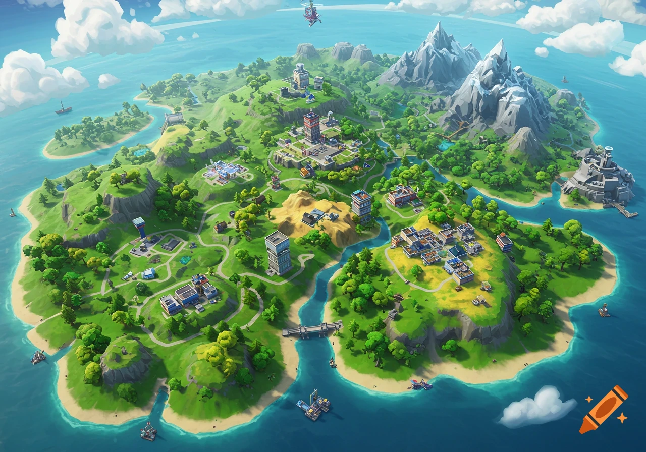 A stylized overhead view of a lush green island with buildings, roads, rivers, mountains, and beaches.