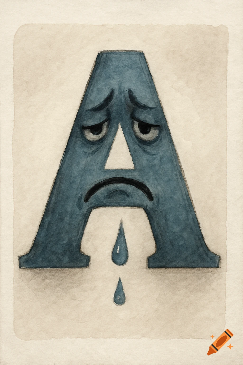 A sad blue letter A with teardrops, in a watercolor style.
