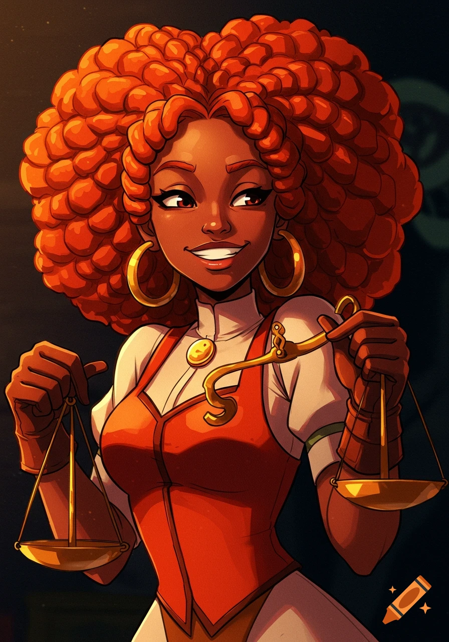 Animated woman with orange hair holding a scale