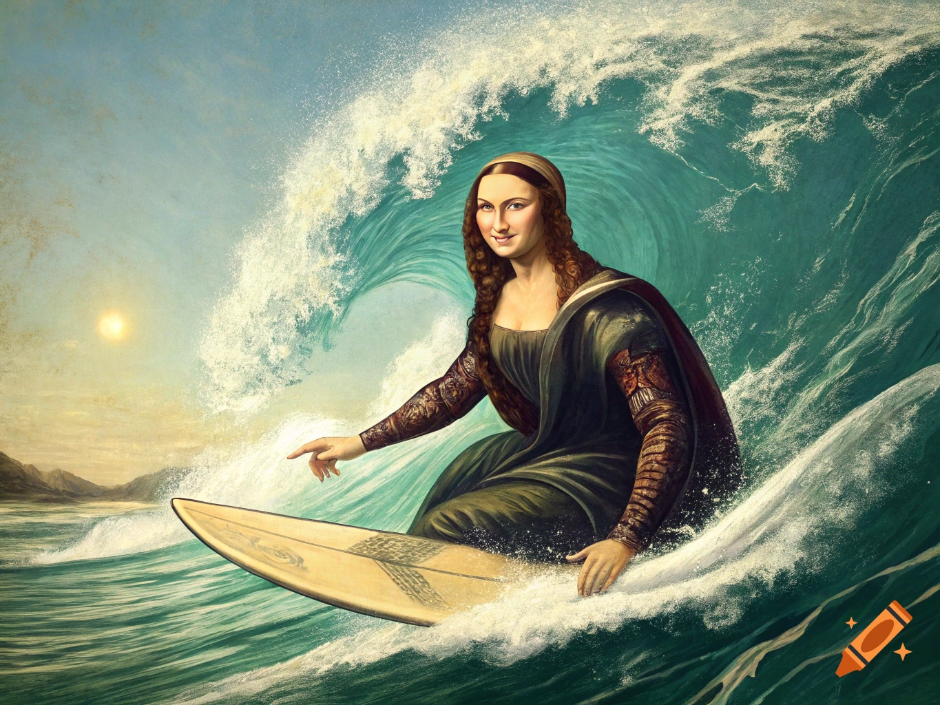 Mona Lisa surfing on a large wave.