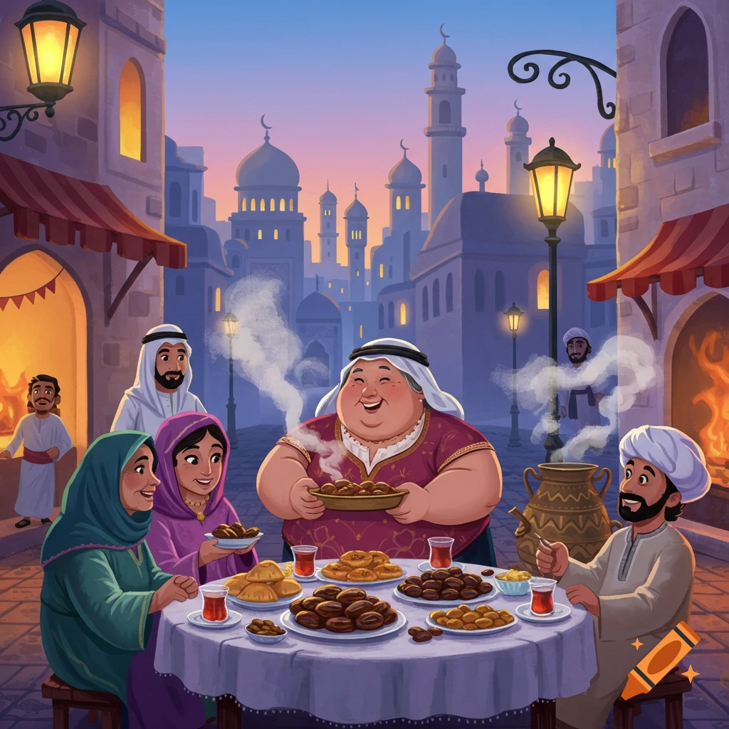 Illustrated scene of a family eating a meal outdoors in a Middle Eastern city at dusk.