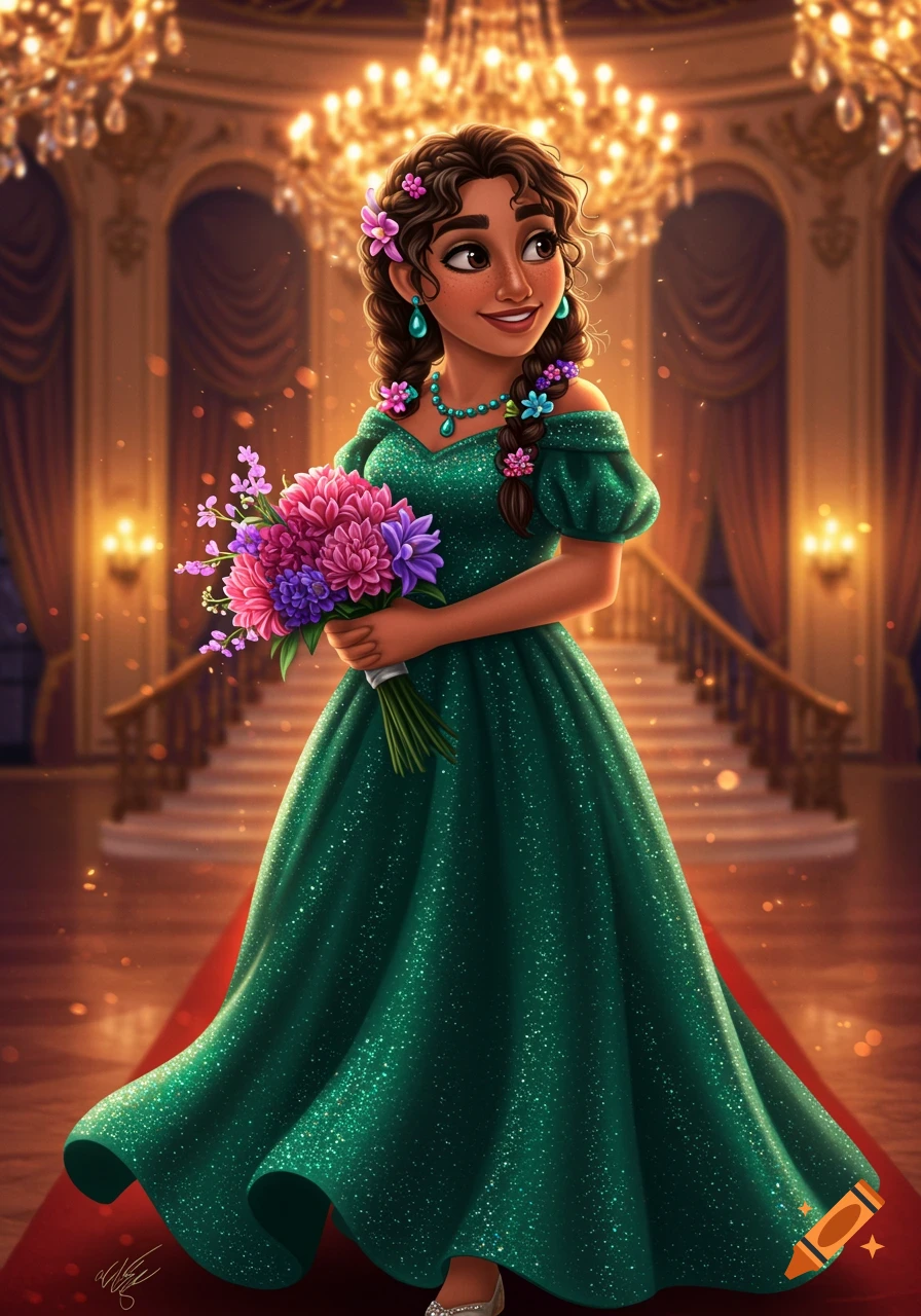 A young woman in a sparkly green dress holds a bouquet of flowers in a grand ballroom.