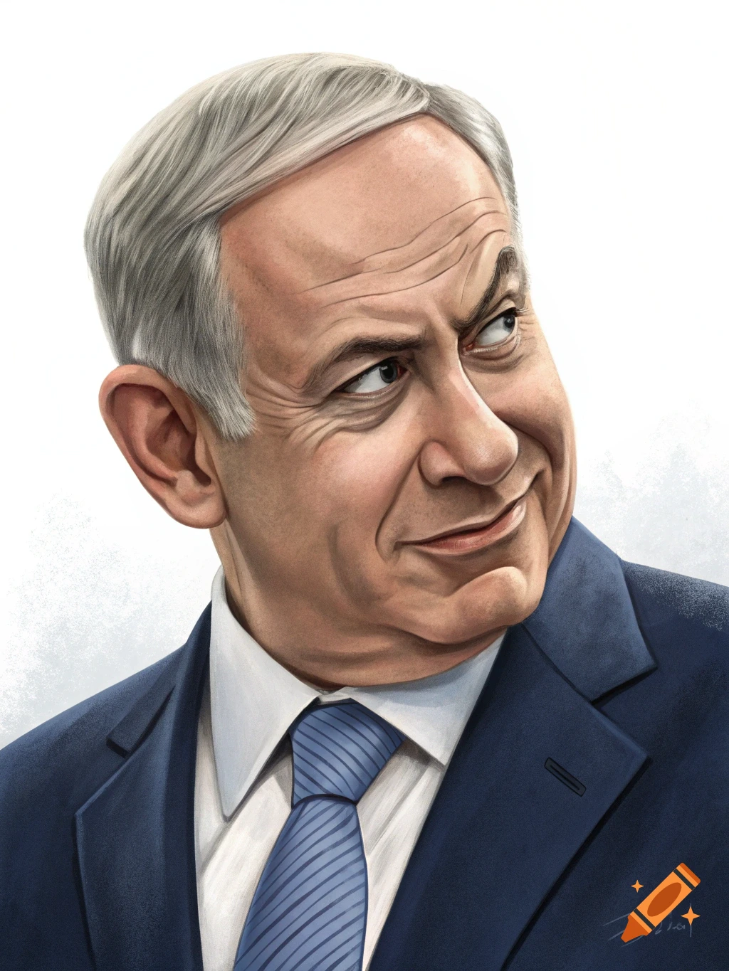 A caricature portrait of Benjamin Netanyahu in a suit, looking sideways.