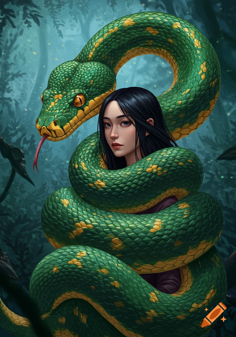 An illustration of a woman wrapped in the coils of a large green snake in a jungle.